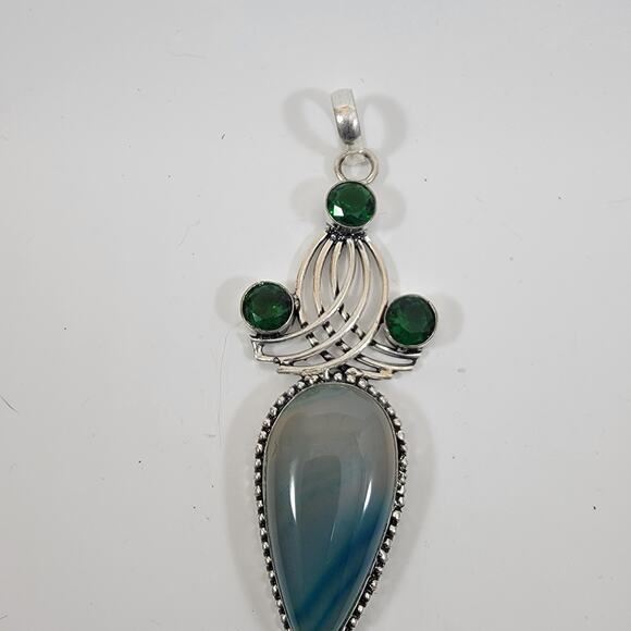Handmade Silver Pendant with Teardrop Blue Agate and Green Quartz Gemstones Trio - Picture 10 of 10